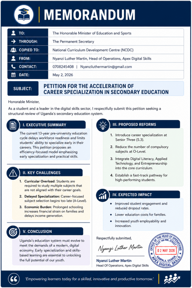 education reform memorandum has been submitted to the Ministry of Education and Sports proposing structural changes